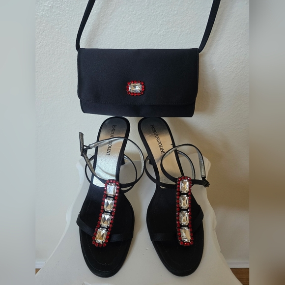 Enzo Angiolini Black Sandals with Jeweled Accents and Matching Handbag - Picture 1 of 6